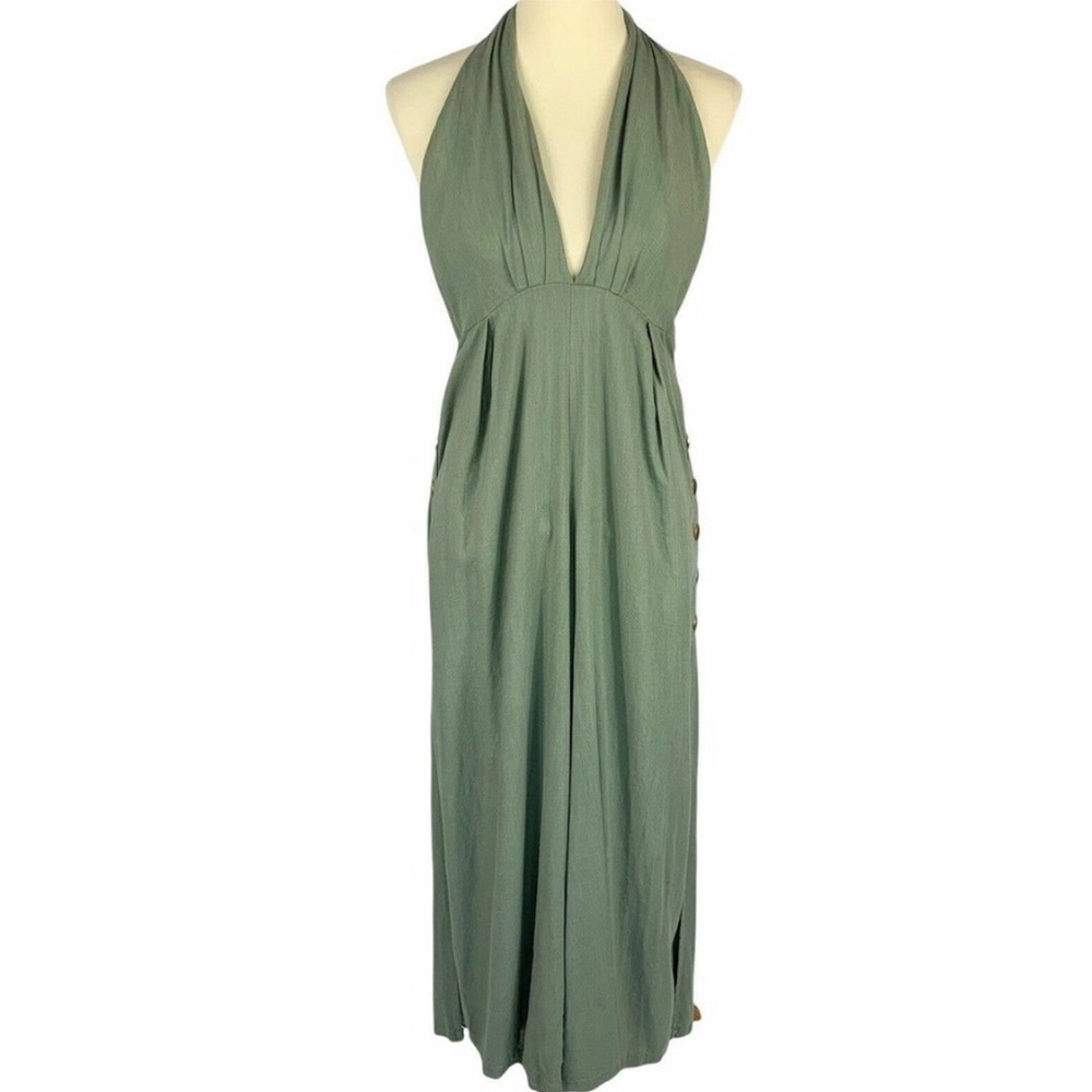 Polly Sage Linen Halter Split Wide Leg Jumpsuit